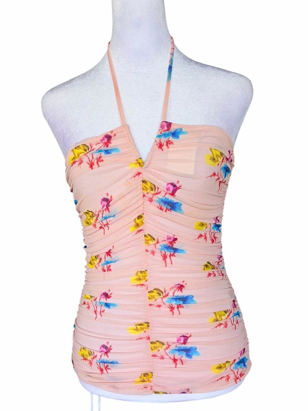 Ganni Pink Floral Halter Ruched Tank Top with Yellow & Blue Accents